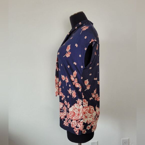 Floral Blouse Blue Pink Neck Tie Office Siren Y2K Fairy Coquette Whimsical M - Picture 3 of 8